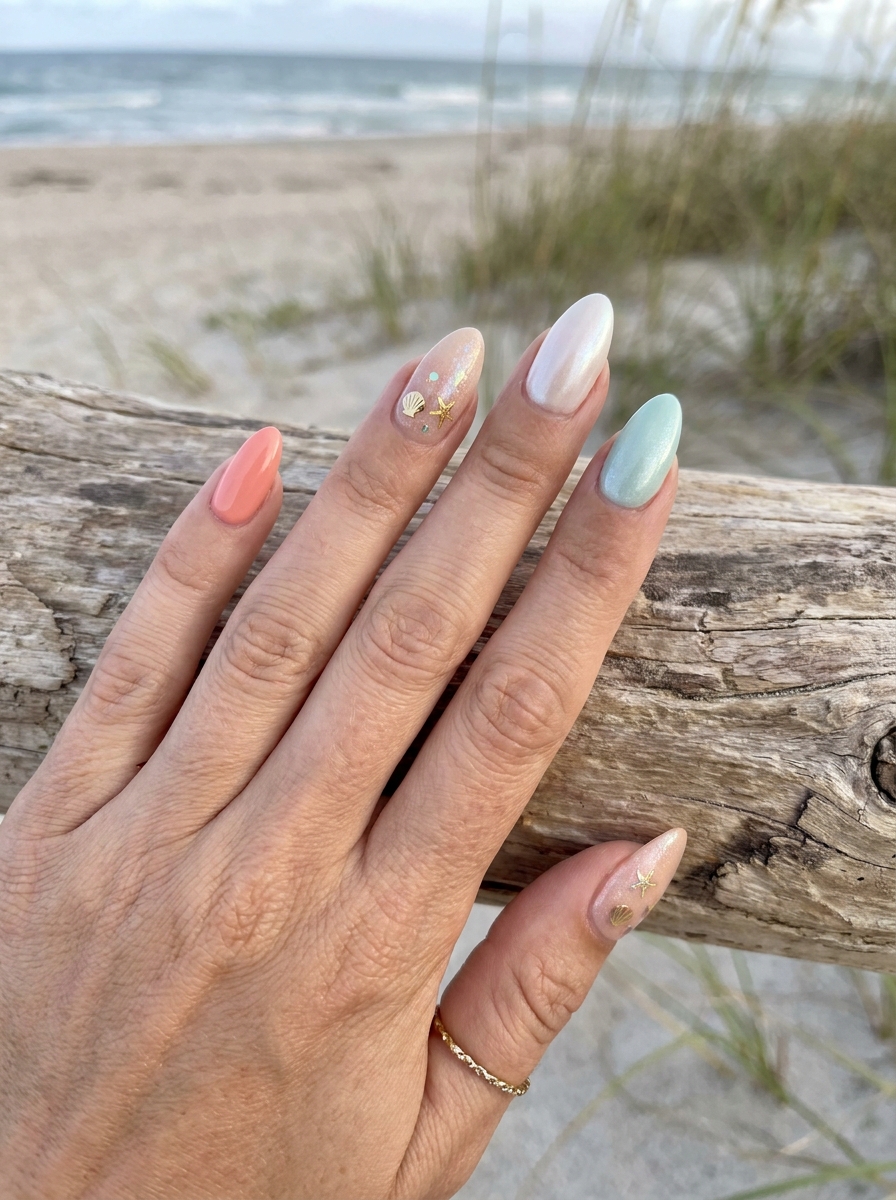 Soft Coral Mermaid Nails mit Koralle, Perlweiß und Aqua